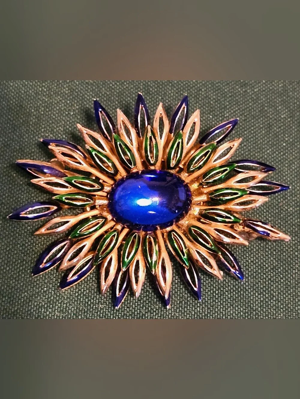 Vintage Crown Trifari Blue Cabochon and Enamel Starburst Brooch
